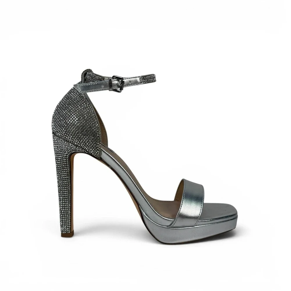 Steve Madden Maisa Silver Rhinestone Platform Sandals Heels Womens 10 Square Toe